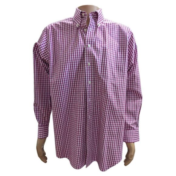 Paul Fredrick Men's Hot Pink and White Plaid Non-Iron Button-Down Shirt Size 16 - Picture 1 of 5